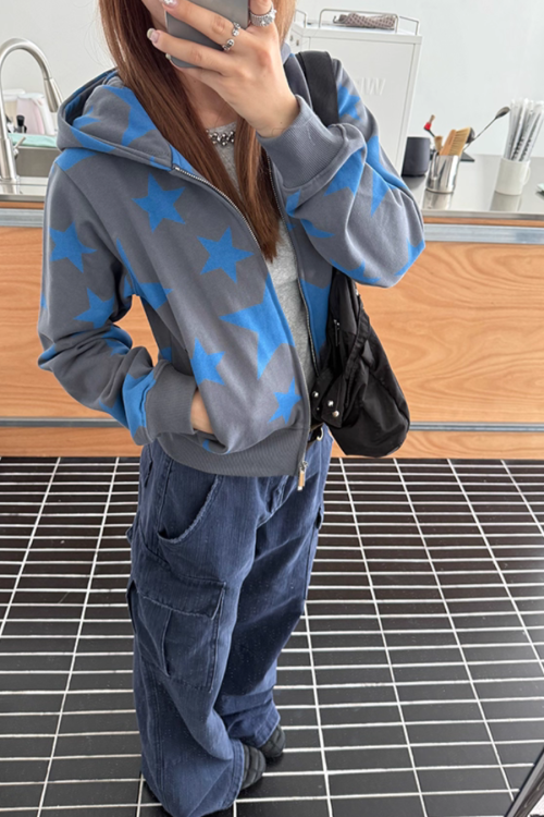 Star Print Zip Up Hoodie