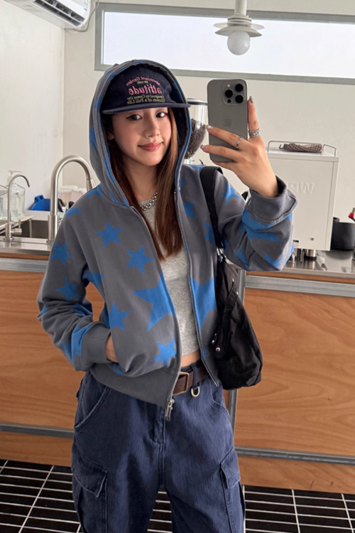 Star Print Zip Up Hoodie