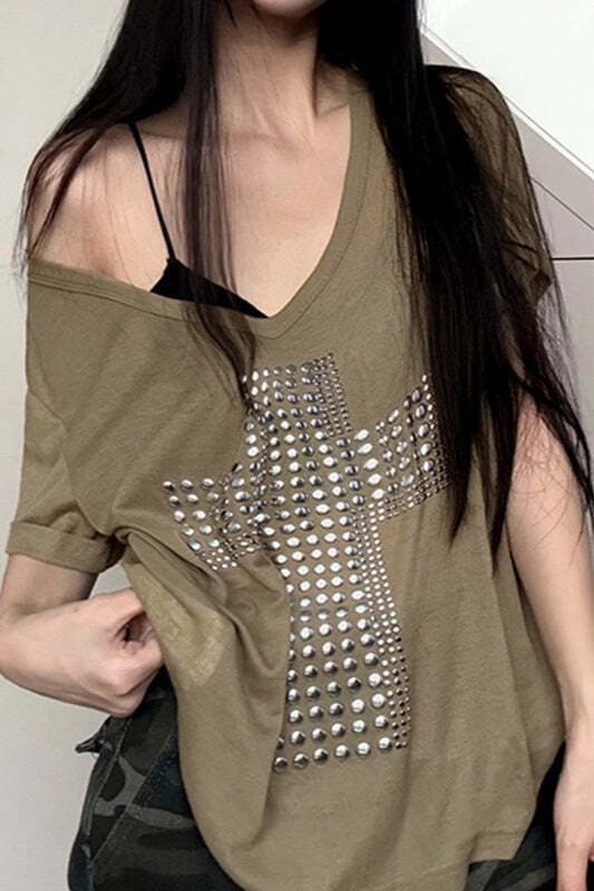 Street Cross Metallic Print Loose Casual T-shirt