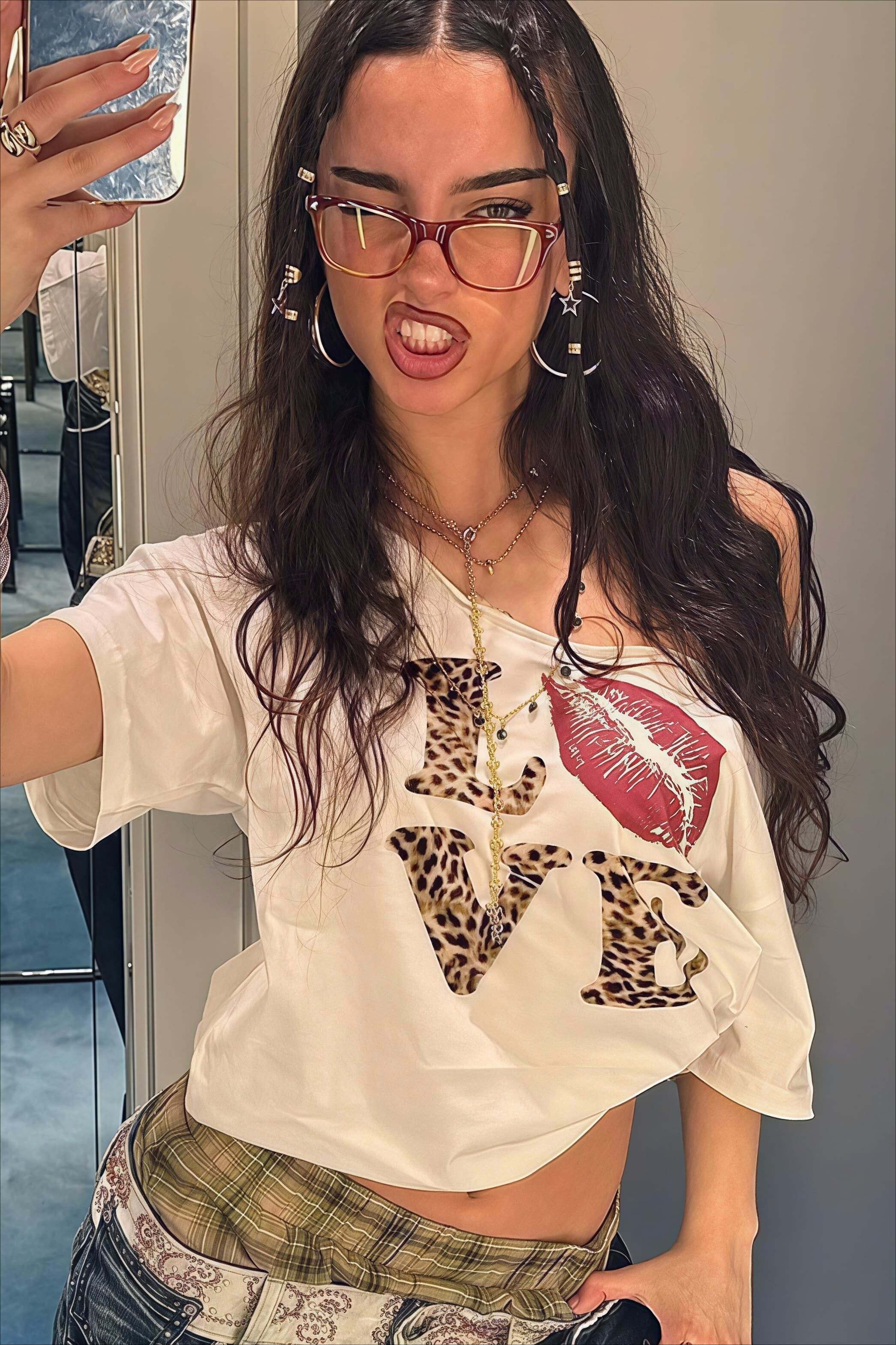 Street Style Leopard Letter Print V Neck Sexy Crop Top T-shirt