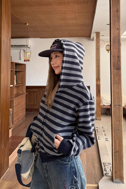 Stripe Knit Zip Hoodie