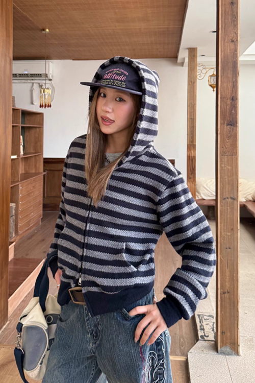 Stripe Knit Zip Hoodie