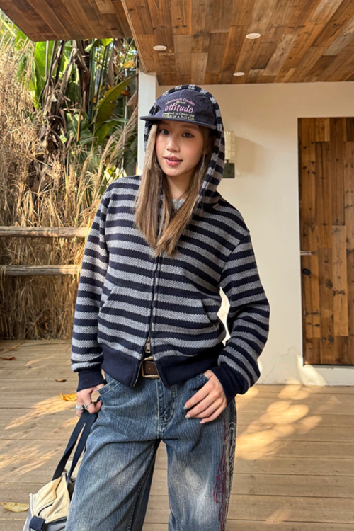 Stripe Knit Zip Hoodie