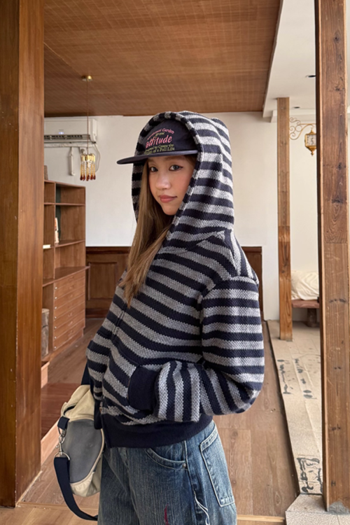 Stripe Knit Zip Hoodie