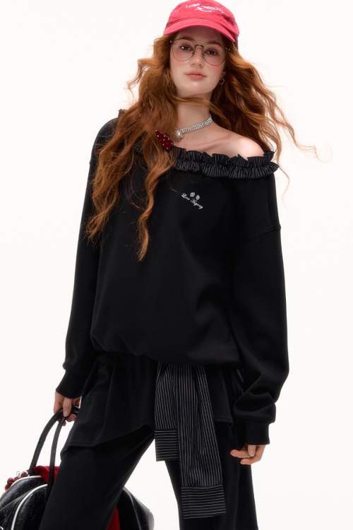 Stripe Lace Frill Off Shoulder Top / Flare Pants