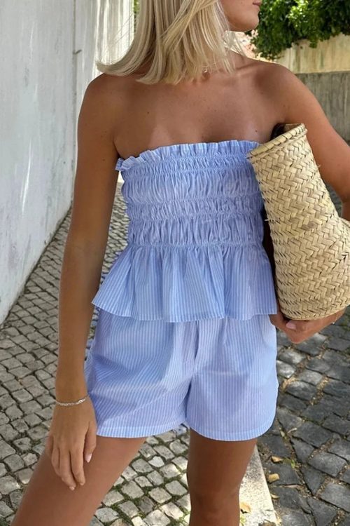 Striped Bandeau Crop Top and Shorts Set