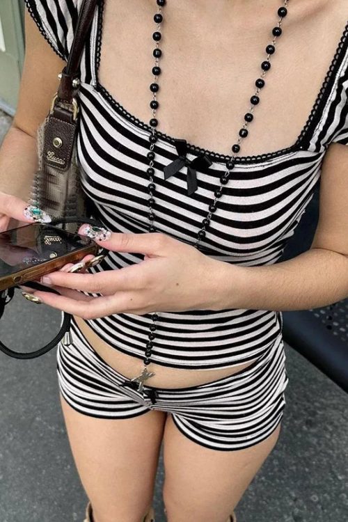 Striped Bow Aesthetic Crop Tank Low Waist Shorts Two Pieces Set