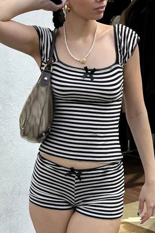 Striped Bow Aesthetic Crop Tank Low Waist Shorts Two Pieces Set