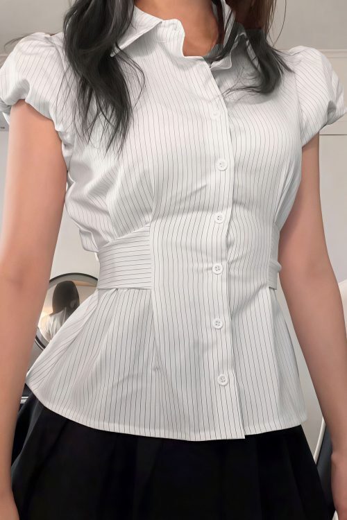 Striped Button Down Shirt Tie Waist Lapel Blouse