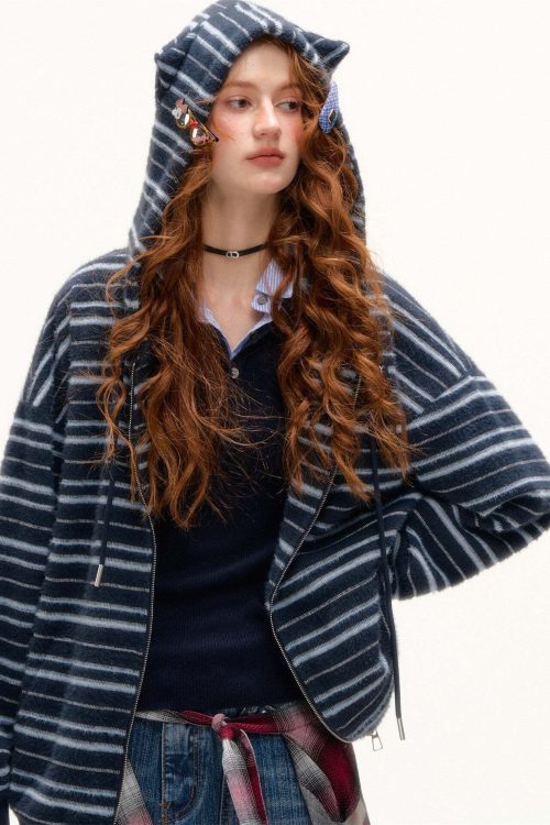 Striped Cat Ear Hoodie / Layered-Style Design Shirt