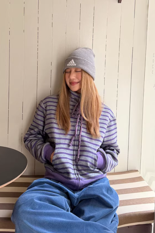 Striped Fleece Stand Collar Hoodie