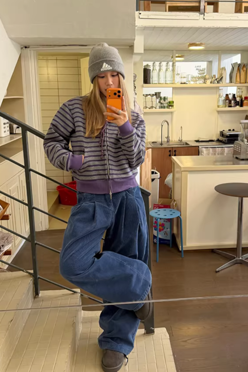 Striped Fleece Stand Collar Hoodie