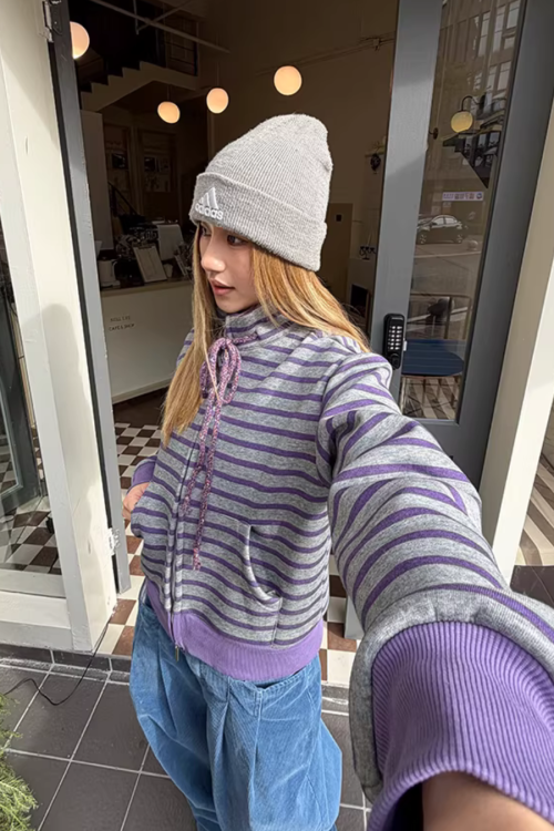 Striped Fleece Stand Collar Hoodie