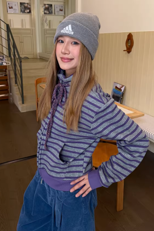 Striped Fleece Stand Collar Hoodie