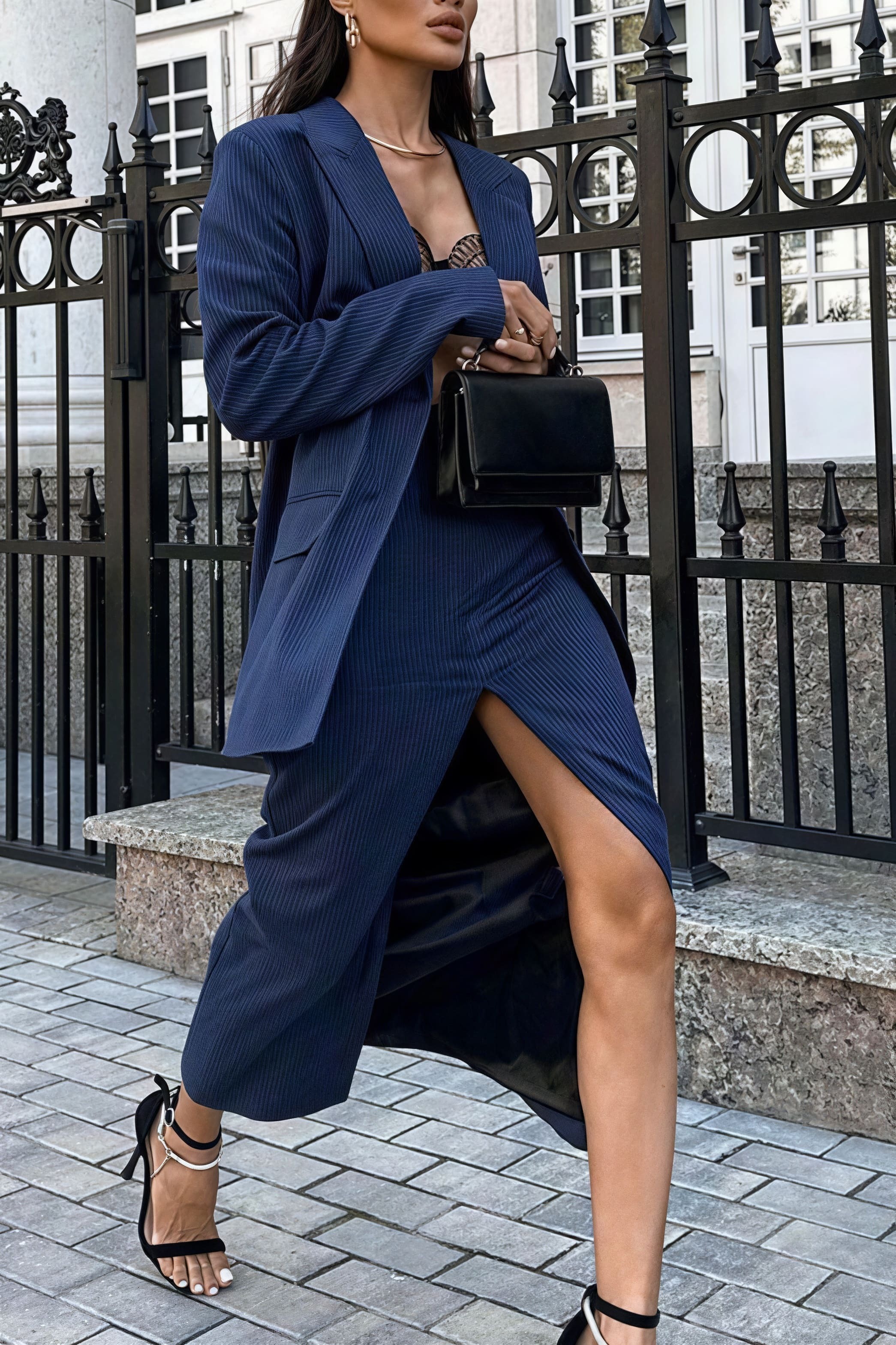 Striped Lapel Long Sleeve Blazer Slit Skirt Set Striped Lapel Long Sleeve Blazer Slit Skirt Set