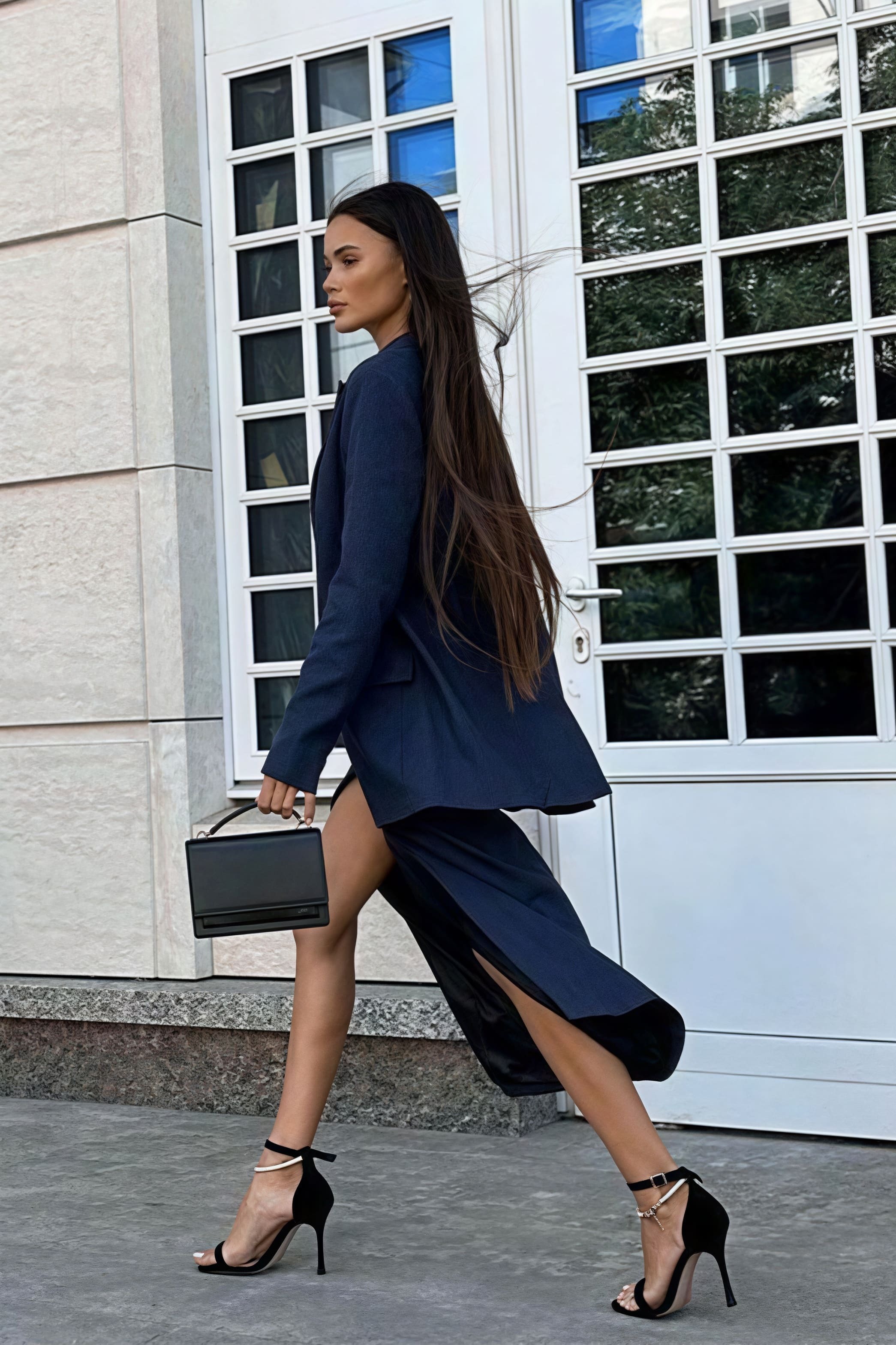 Striped Lapel Long Sleeve Blazer Slit Skirt Set Striped Lapel Long Sleeve Blazer Slit Skirt Set