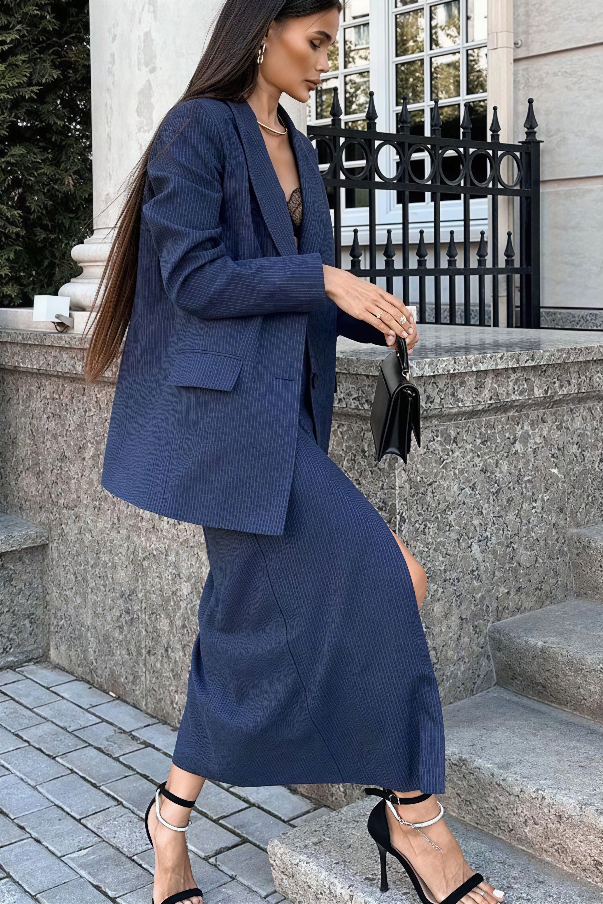 Striped Lapel Long Sleeve Blazer Slit Skirt Set Striped Lapel Long Sleeve Blazer Slit Skirt Set