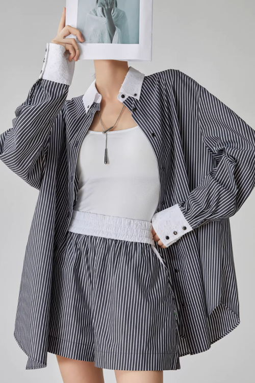 Striped Long-Sleeve Shirt / Mini Skirt