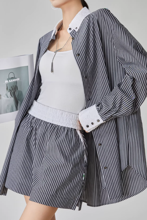 Striped Long-Sleeve Shirt / Mini Skirt