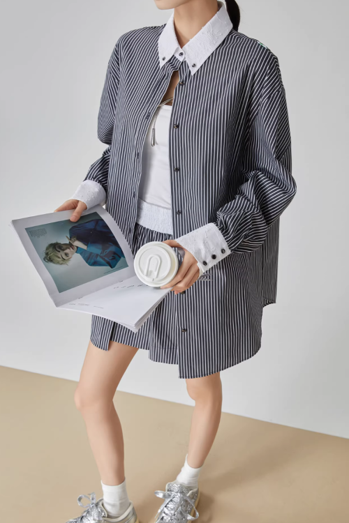 Striped Long-Sleeve Shirt / Mini Skirt