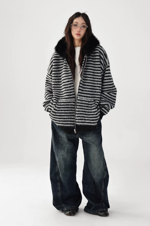Striped Wool Loose Hoodie
