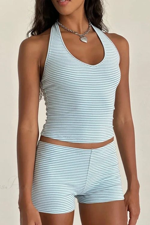 Stripes Print Sleeveless V Neck Halter Crop Low Waist Shorts Two Pieces Set