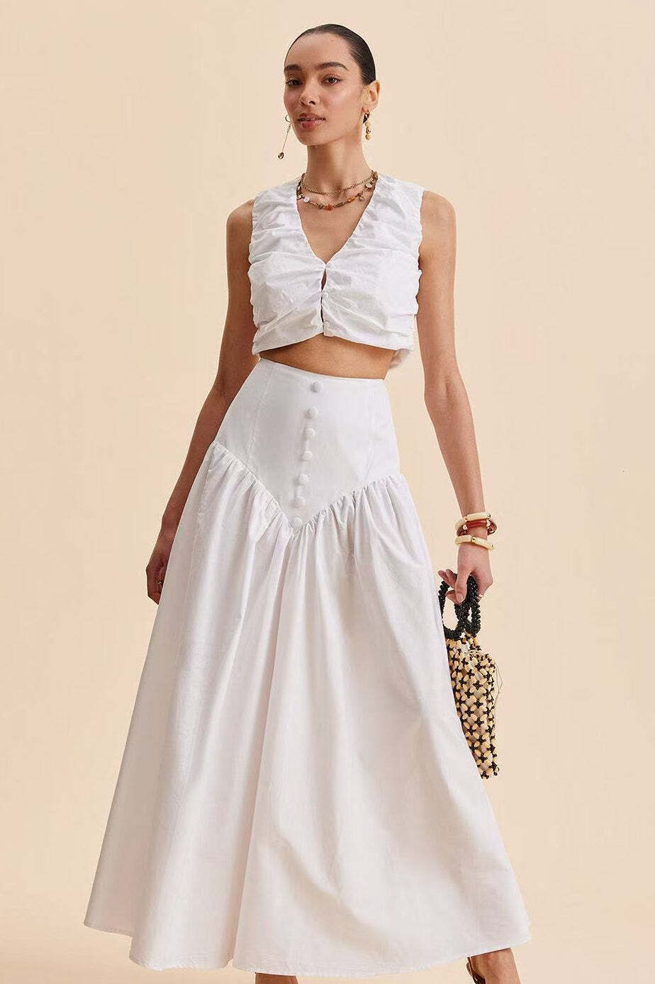 Stylish High Waist Button Patchwork White Maxi Skirt