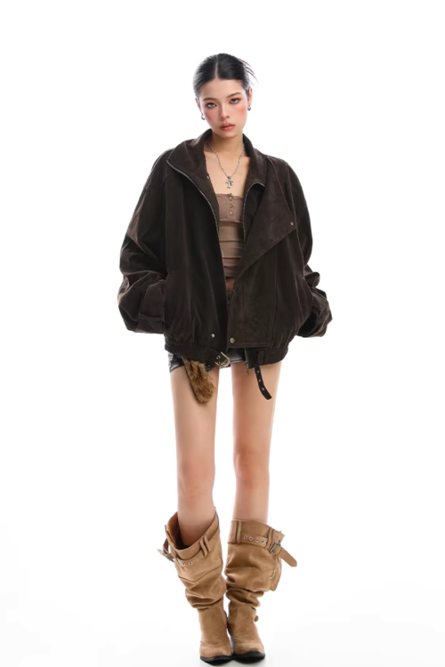 Suede Fleece Stand Collar Jacket