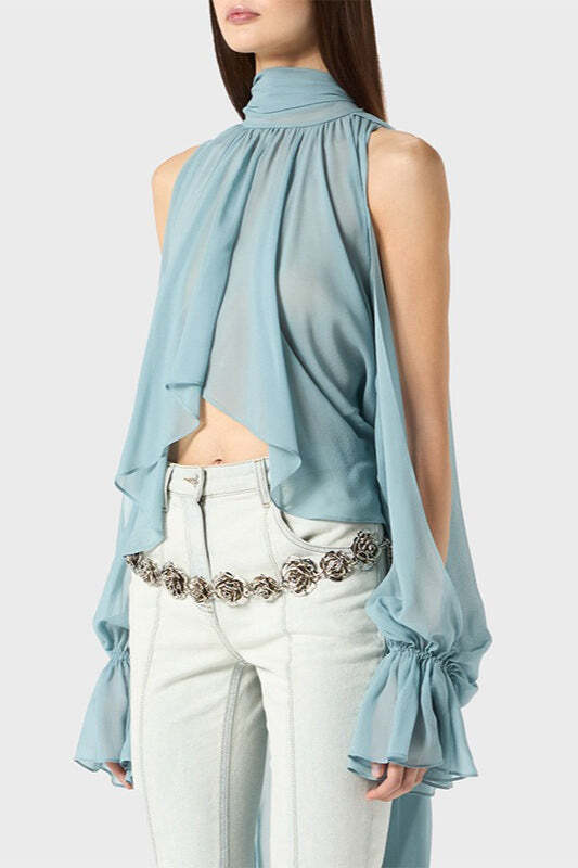 Sweet Irregular Stand Collar Loose Solid Halter Blouse