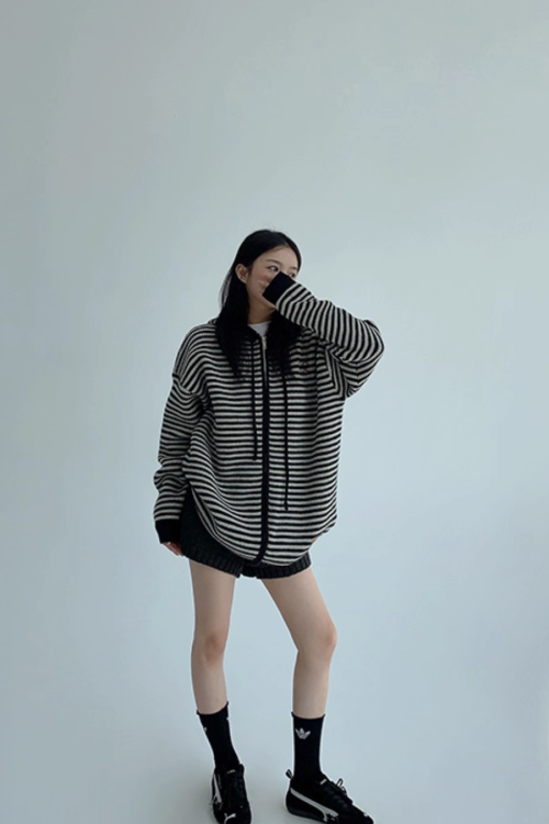Thin Striped Knit Hoodie
