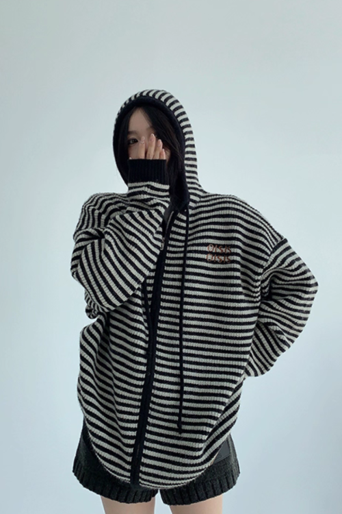 Thin Striped Knit Hoodie