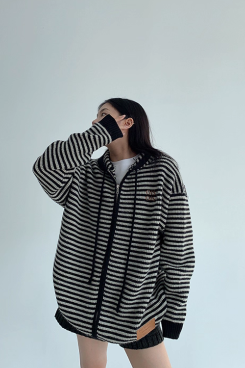 Thin Striped Knit Hoodie