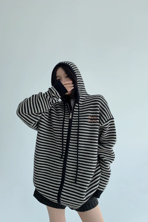 Thin Striped Knit Hoodie