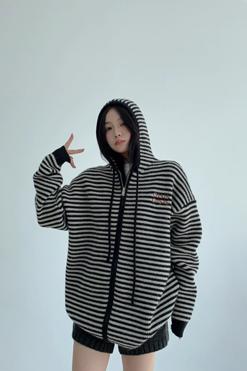 Thin Striped Knit Hoodie