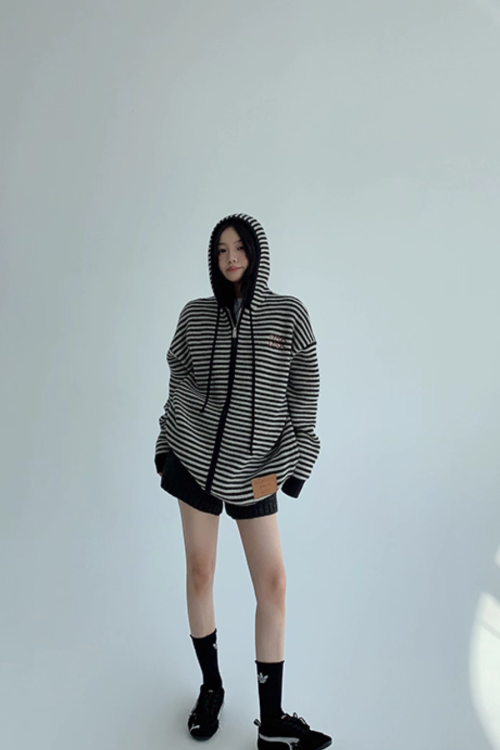 Thin Striped Knit Hoodie
