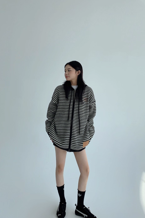 Thin Striped Knit Hoodie