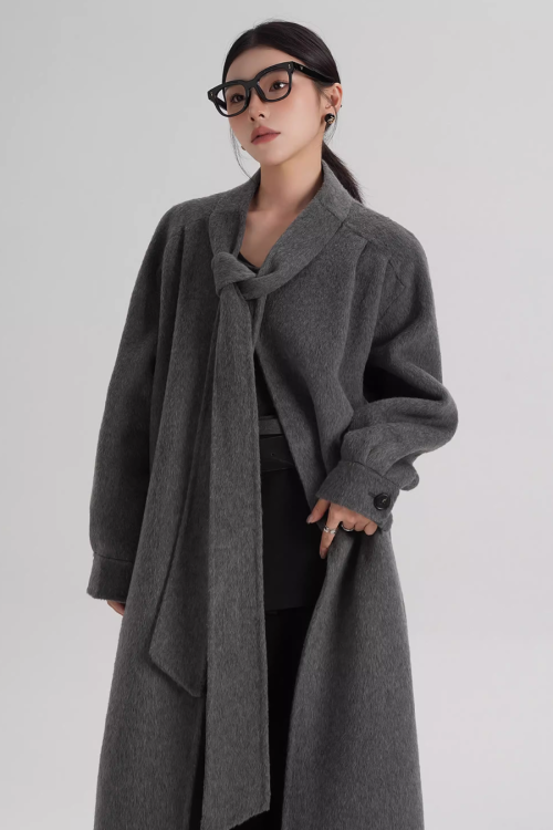 Tie Collar Long Coat