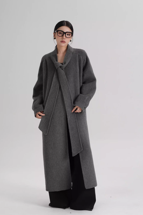Tie Collar Long Coat