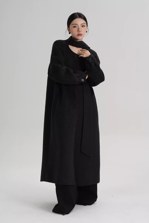 Tie Collar Long Coat
