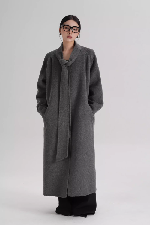 Tie Collar Long Coat