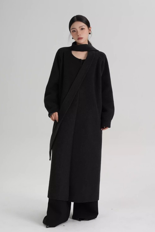 Tie Collar Long Coat