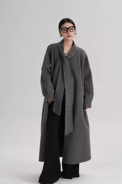 Tie Collar Long Coat