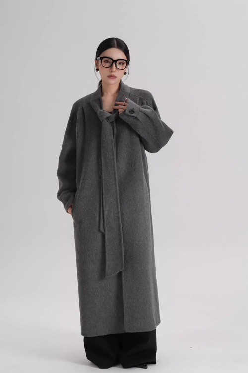 Tie Collar Long Coat