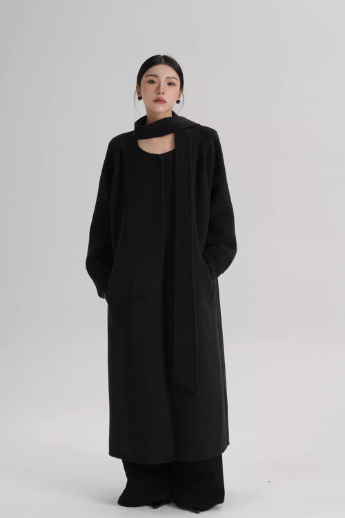 Tie Collar Long Coat