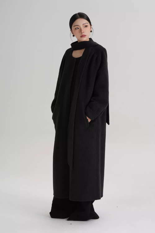 Tie Collar Long Coat