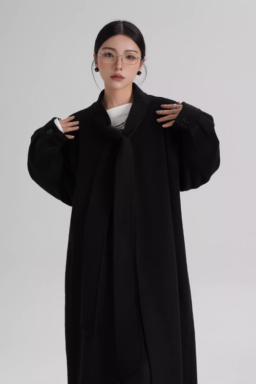 Tie Collar Long Coat