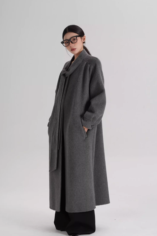 Tie Collar Long Coat