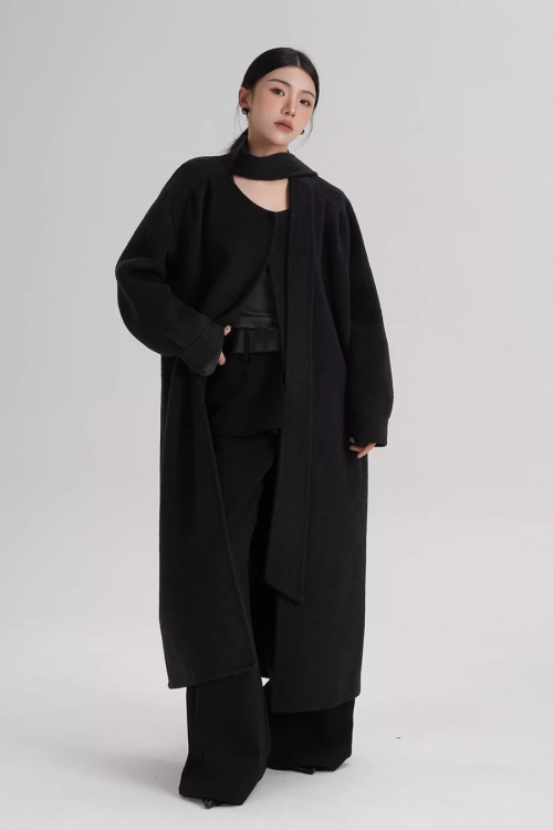 Tie Collar Long Coat