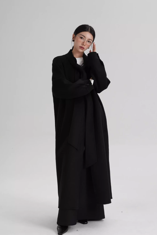 Tie Collar Long Coat