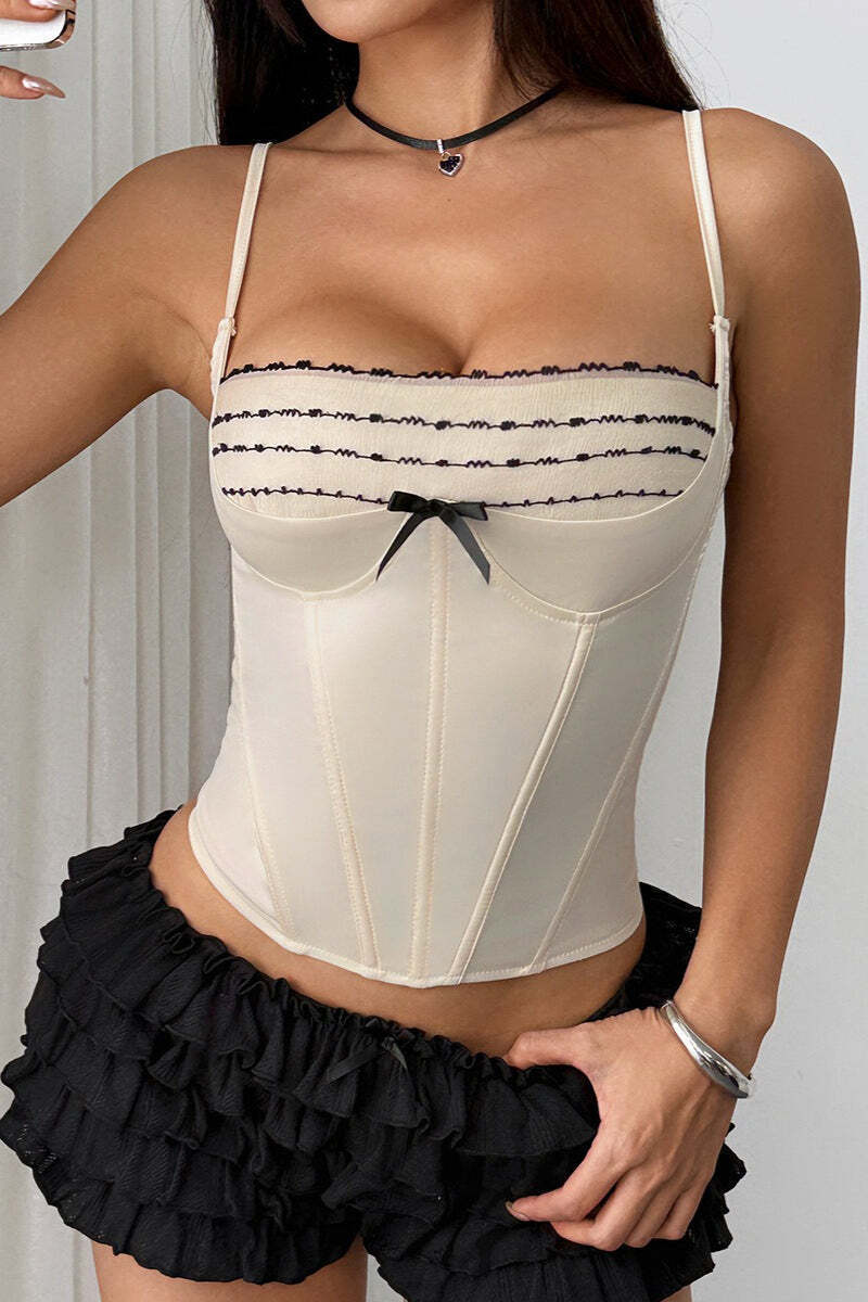 Tie Slim Lace Bow Bone Corset Cami Top Tie Slim Lace Bow Bone Corset Cami Top